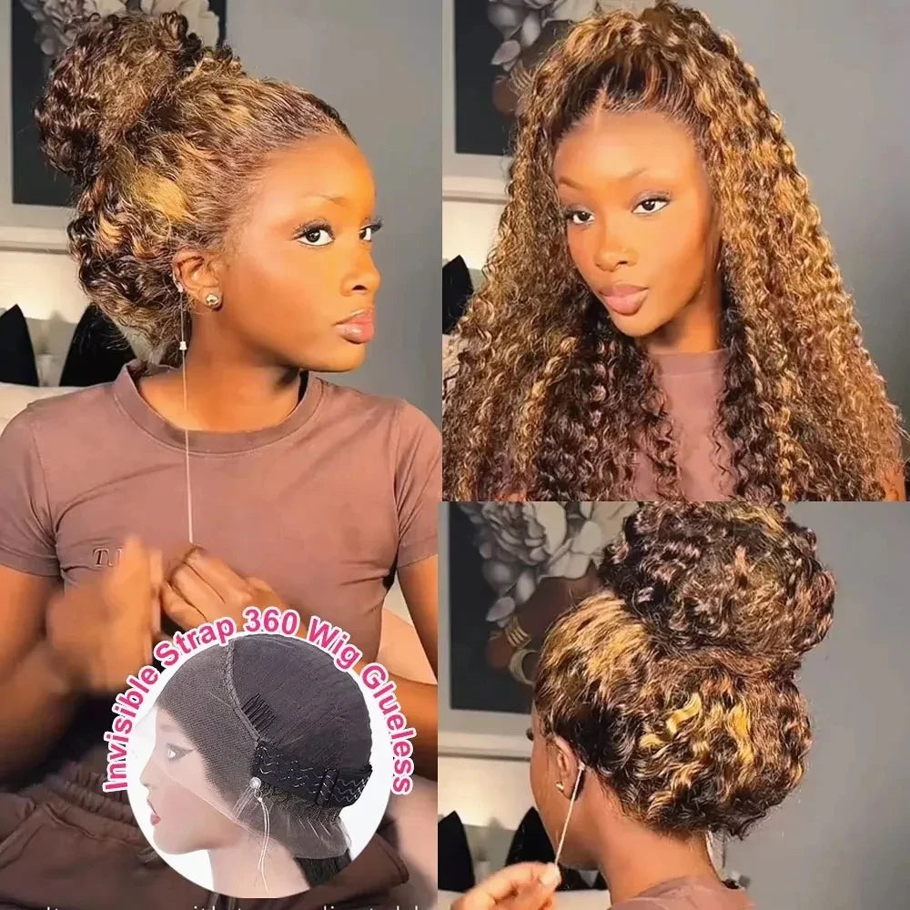 Honey Blonde 360 Lace Front Wig Human Hair 250 Density Deep Wave Highlight Curly Brown 13X4 Lace Frontal Wigs 427 Brazilian Hair
